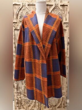 Field Flower (Anthropologie) Open-Front Plaid Knit Coatigan